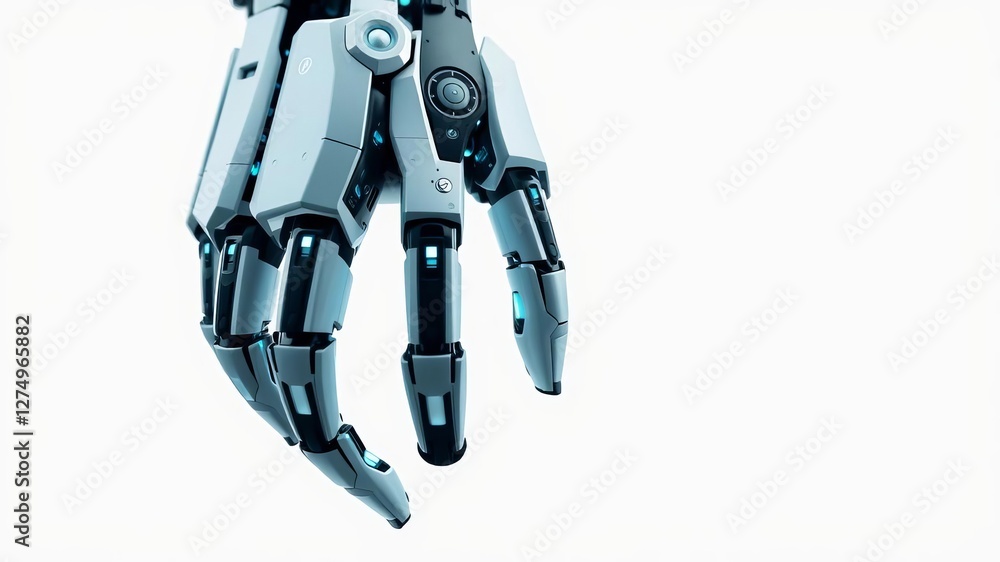 Fototapeta premium Close up of a cyborg robot hand showcasing advanced AI technology and artificial intelligence on a white background with copyspace, innovation, technology, copyspace