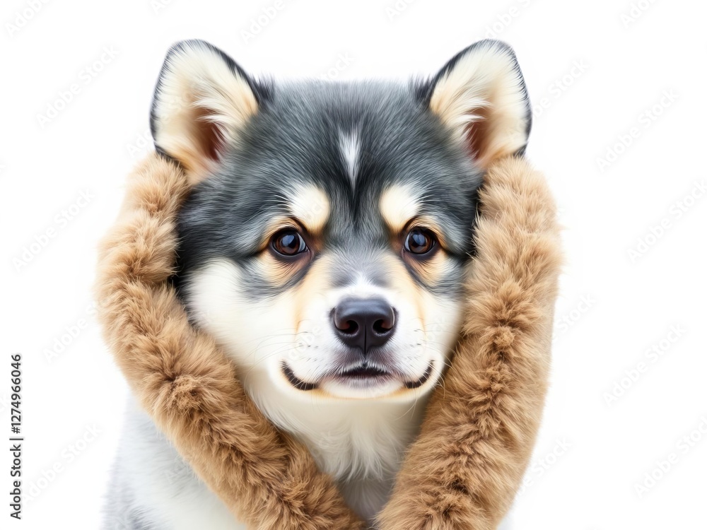 Obraz premium Close up of Akita dog head peeking out from behind a blue background, fur, hide, pet