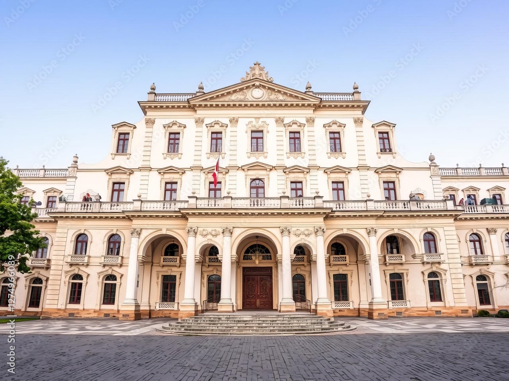 Obraz premium Medium shot of the elegant facade of the Culture Palace of Arad in Romania, showcasing its intricate architectural details and historical significance, Arad, culture palace, historical