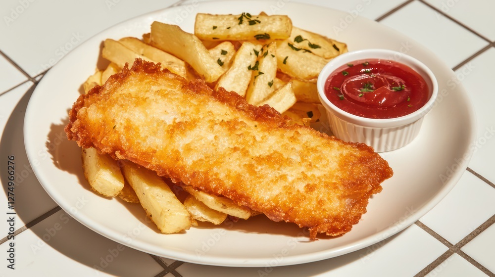A plate of crispy fish fillet with golden fries and a side of ketchup. A plate of crispy fish fillet with golden fries and a side of ketchup.