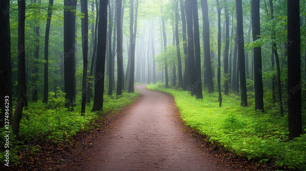 Obraz premium Misty Forest Path Winding Through Lush Green Trees