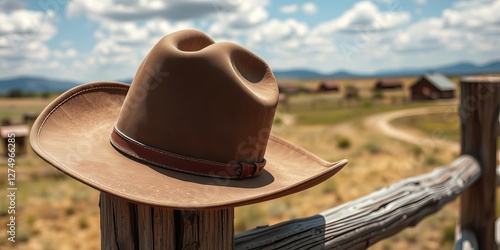 Close up of cowboy hat on wooden fence with rural landscape in background, rural landscape, country life, scenery