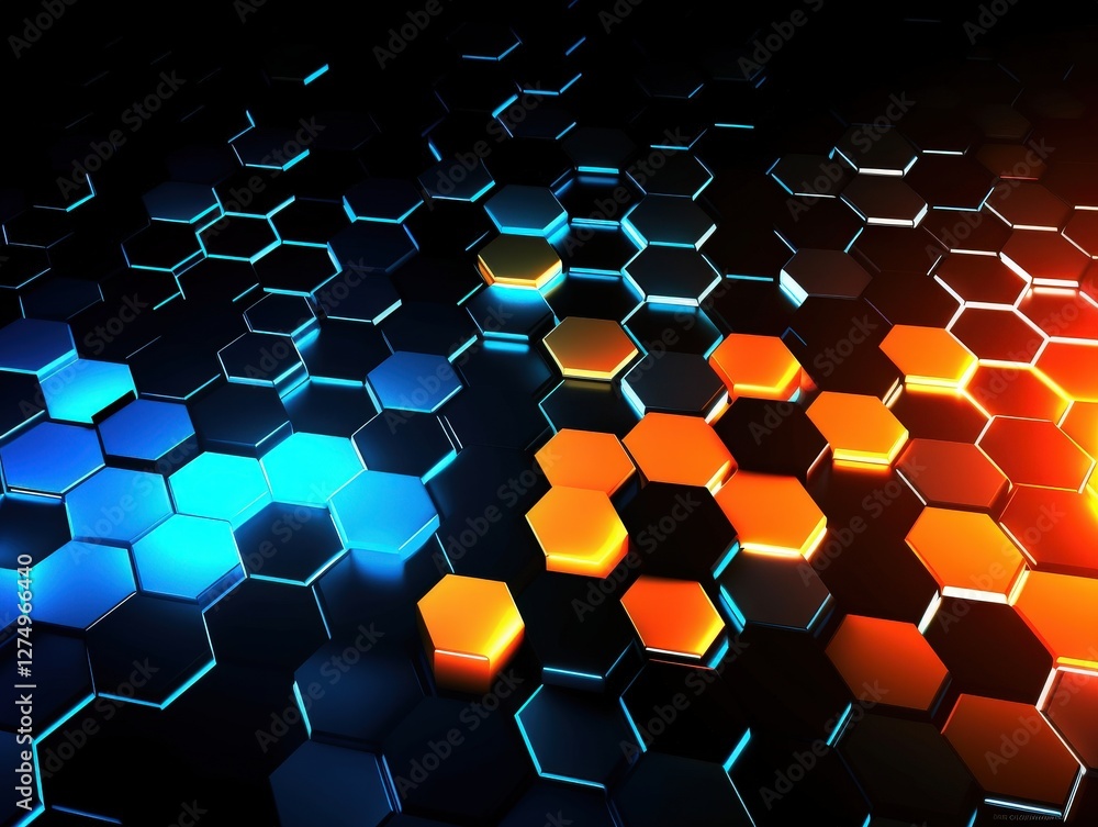 Fototapeta premium Hexagonal design glowing with blue and orange. Background black, use for tech presentations