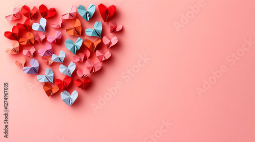 Wallpaper Mural A vibrant arrangement of origami hearts on a soft pink background, perfect for Valentine’s Day, weddings, or romantic events, with ample copy space for design. Torontodigital.ca