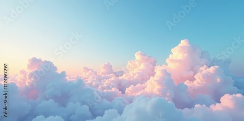 Softly glowing clouds float across a blue sky, pastel, white