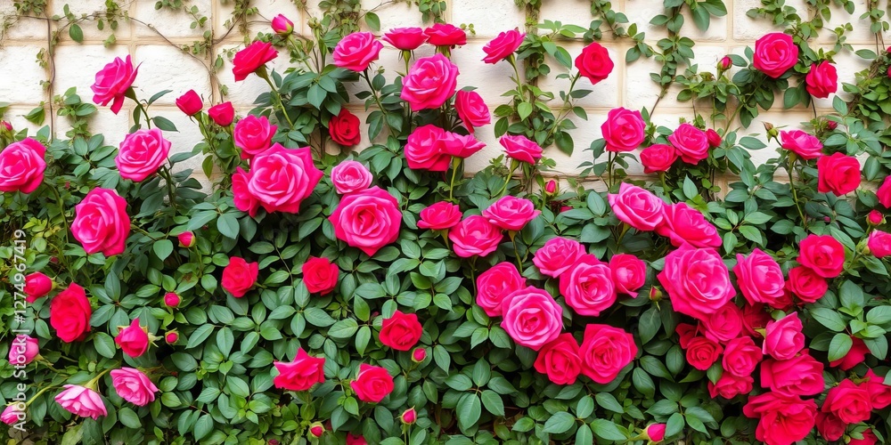 Natural red roses arranged in a beautiful background wall, natural, floral, lush Natural red roses arranged in a beautiful background wall, natural, floral, lush