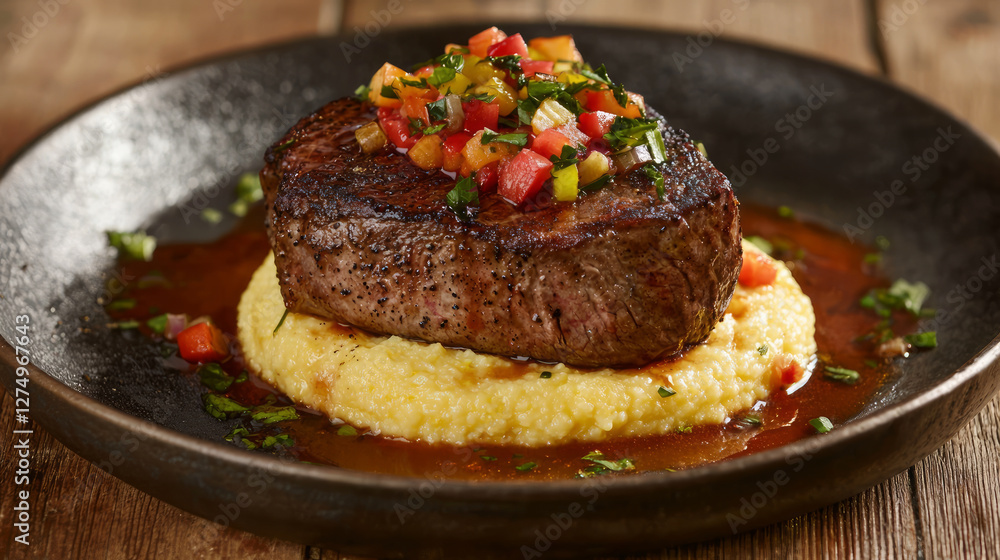 A close up shot of the perfectly seared medium-rare filet mignon, centered on creamy polenta with colorful, vibrant vegetables on an elegant plate, generative AI A close up shot of the perfectly seared medium-rare filet mignon, centered on creamy polenta with colorful, vibrant vegetables on an elegant plate, generative AI