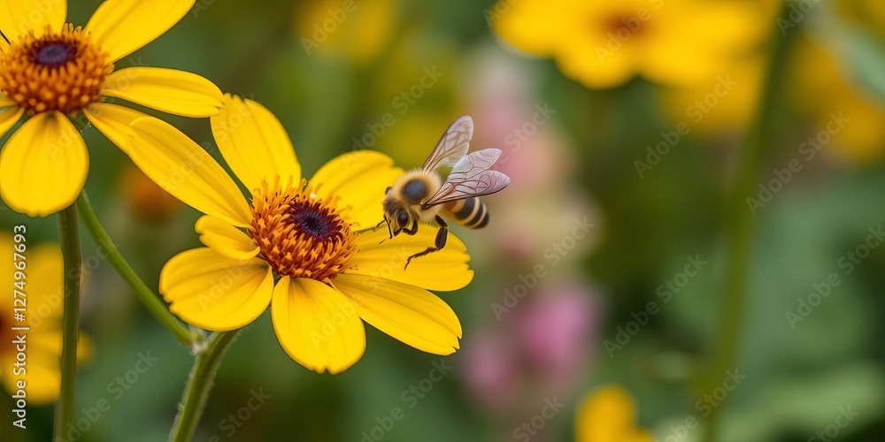 Close up photo of Chinese milk vetch with honey bee hovering above flower, macro, plant, yellow Close up photo of Chinese milk vetch with honey bee hovering above flower, macro, plant, yellow