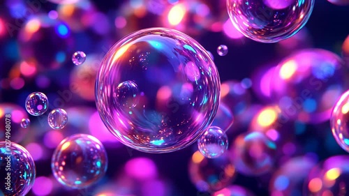 Wallpaper Mural Iridescent soap bubbles float against a vibrant neon bokeh background Torontodigital.ca