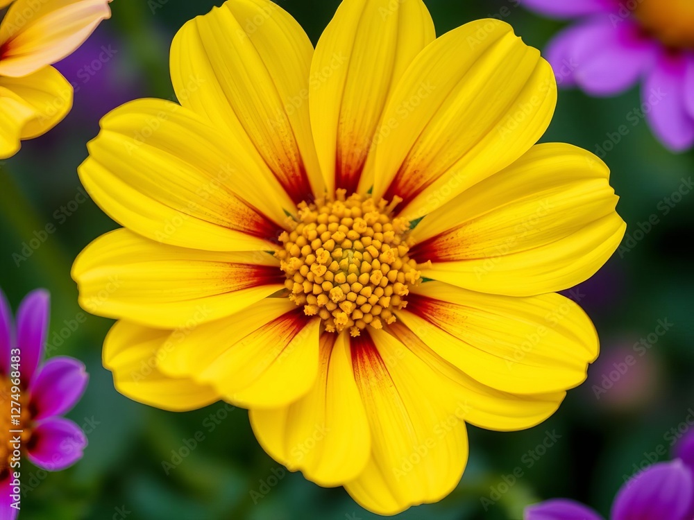 Close up shot of a vibrant purple and yellow marguerite flower in full bloom, detail, yellow, close up Close up shot of a vibrant purple and yellow marguerite flower in full bloom, detail, yellow, close up