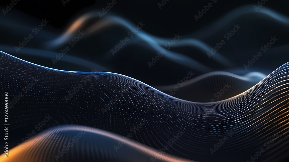 Abstract Wave Art: Blue and Orange Dots Flowing on Black Background Abstract Wave Art: Blue and Orange Dots Flowing on Black Background