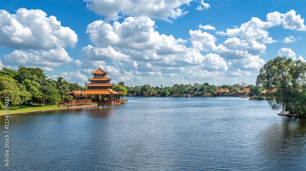 Fototapeta premium Serene Lakeside Pavilion Under a Summer Sky