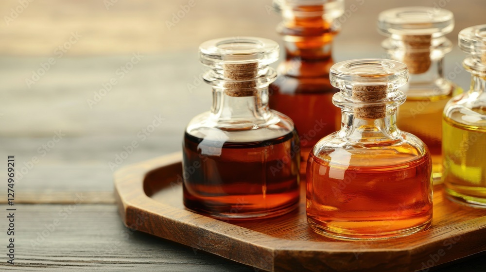 Bottles of aromatic oils displayed on wooden tray home interior still life photography warm natural lighting close-up perspective essential oil experience Bottles of aromatic oils displayed on wooden tray home interior still life photography warm natural lighting close-up perspective essential oil experience