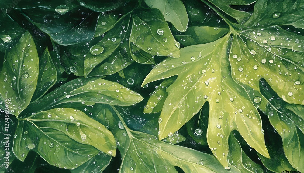 Fototapeta premium Lush green leaves covered with glistening water droplets abound