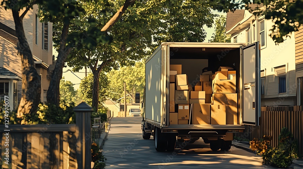 Moving Truck Loaded with Cardboard Boxes in a Suburban Neighborhood Street Moving Truck Loaded with Cardboard Boxes in a Suburban Neighborhood Street
