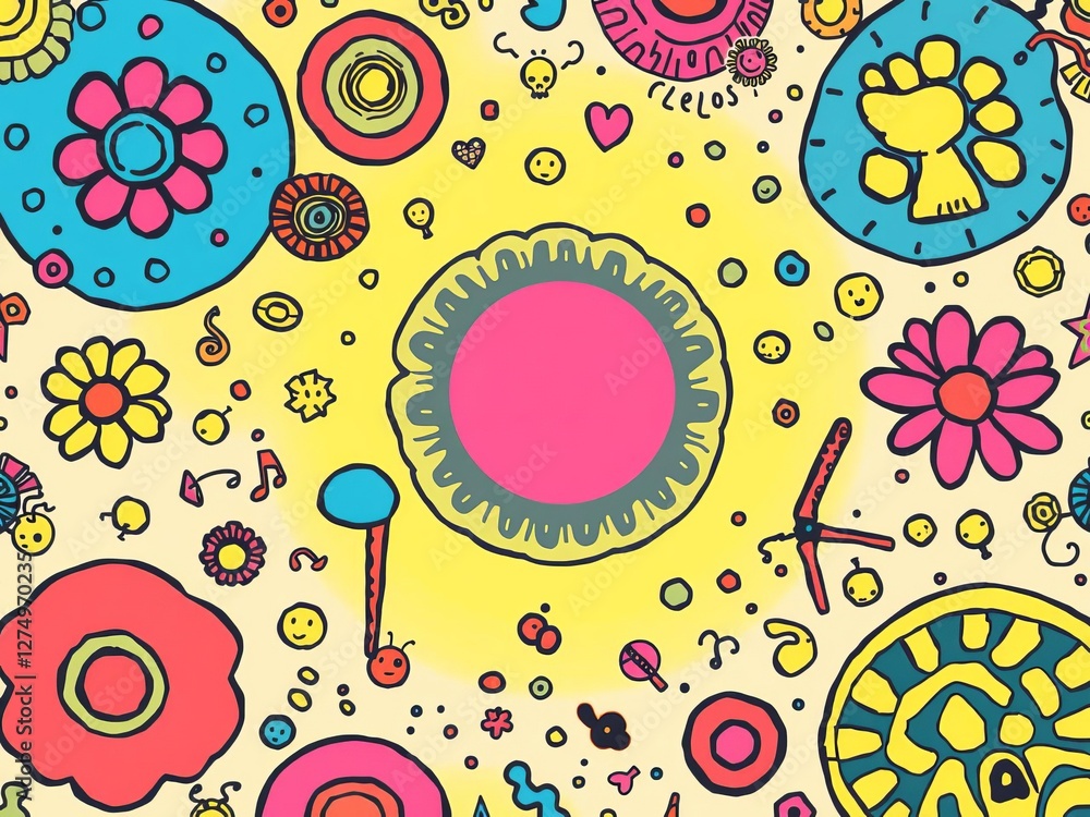 Fototapeta premium Colorful psychedelic pattern with retro vibes and trippy lsd doodles, reminiscent of vintage 1960s art, lsd, doodles, 1960s