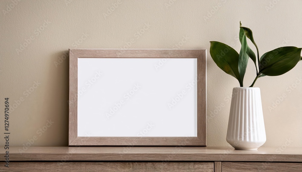 Minimalist Interior Mockup with Modern Horizontal Frame, Trendy Vase and Potted Plant on Beige Wall at Dusk A Serene Oasis in the Heart of Contemporary Living Space. Minimalist Interior Mockup with Modern Horizontal Frame, Trendy Vase and Potted Plant on Beige Wall at Dusk A Serene Oasis in the Heart of Contemporary Living Space.