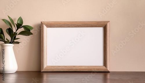 Minimalist Interior with Plant in Trendy Vase Empty Horizontal Frame on Beige Wall Echoing Modern Aesthetics and Harmonious Greenery