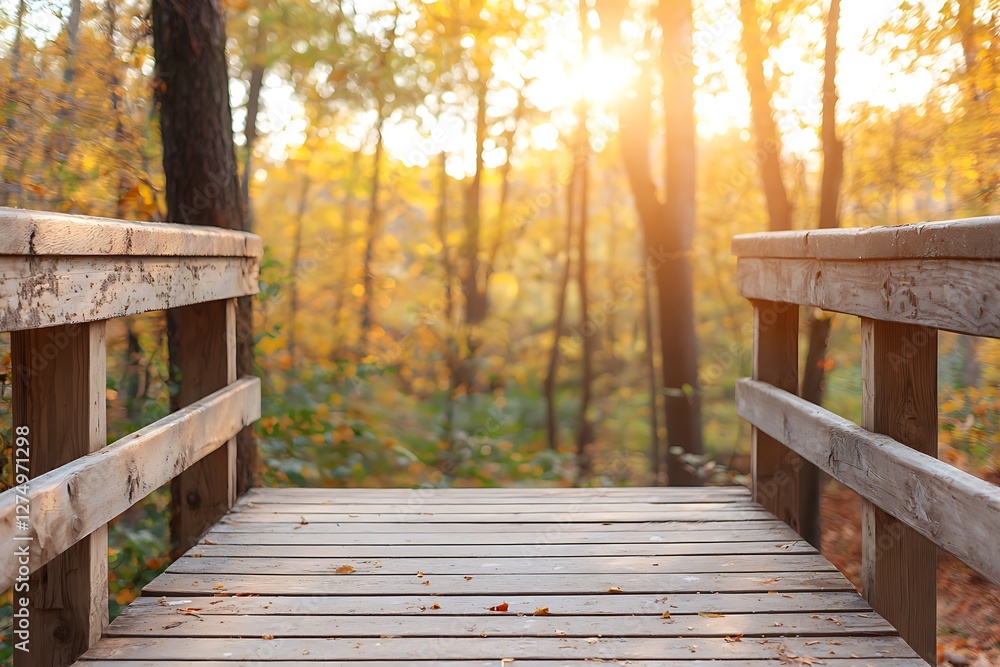Sunlit wooden bridge in autumn forest nature scene tranquil environment warm viewpoint Sunlit wooden bridge in autumn forest nature scene tranquil environment warm viewpoint