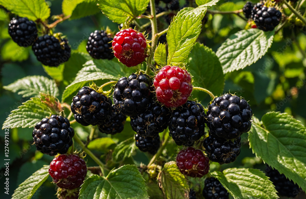 Ripe and Unripe Blackberries on Vine Ripe and Unripe Blackberries on Vine