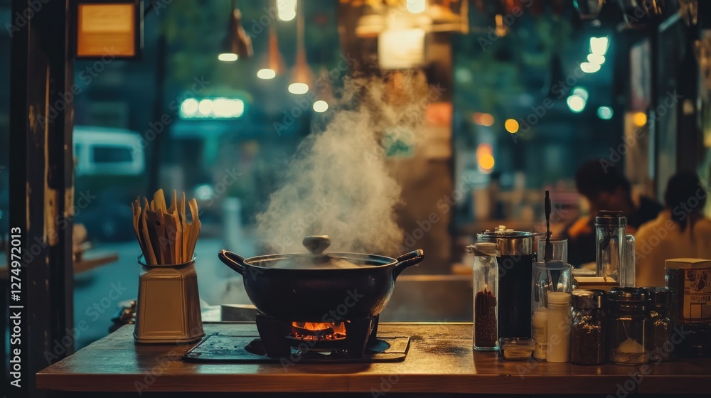 Nighttime Street Food Scene: Steaming Pot on a Countertop Nighttime Street Food Scene: Steaming Pot on a Countertop