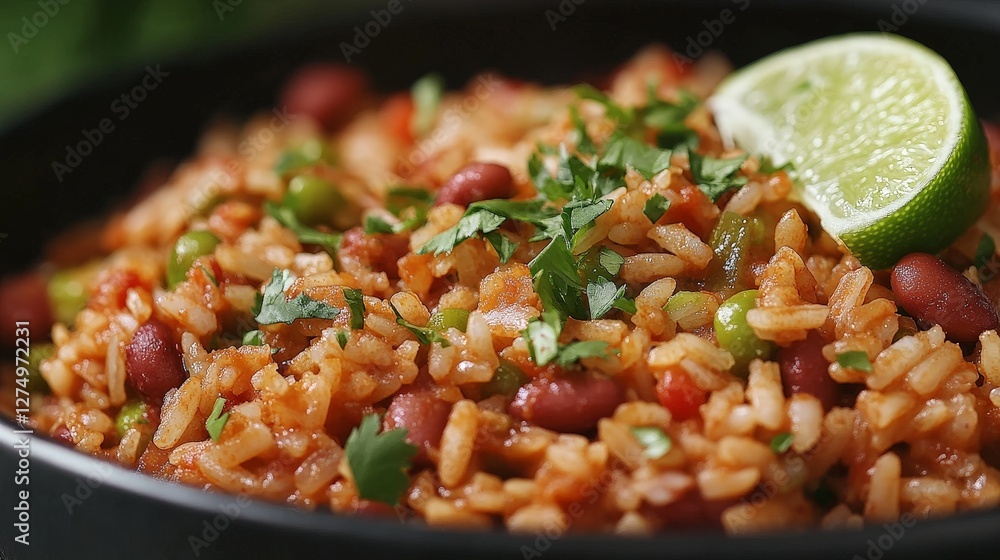 A close-up of flavorful rice with beans, herbs, and a lime wedge, showcasing a vibrant dish. A close-up of flavorful rice with beans, herbs, and a lime wedge, showcasing a vibrant dish.