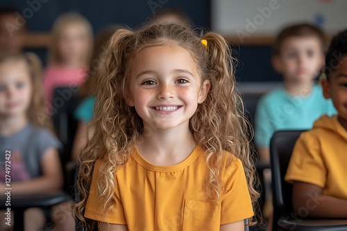 Portrait of a smiling schoolgirl interacting with friends in a bright classroom