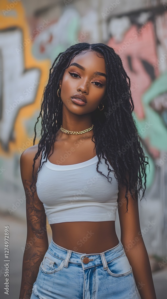 Naklejka premium Stylish young Black woman with dreadlocks in a trendy urban setting.