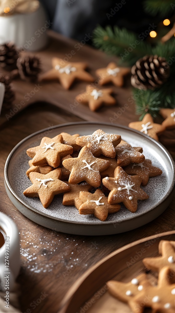 A close-up of star-shaped ginger cookies on a decorative plate. A close-up of star-shaped ginger cookies on a decorative plate.