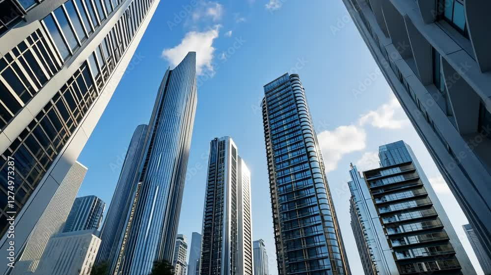 Modern skyscrapers rising against blue sky in bustling city center Modern skyscrapers rising against blue sky in bustling city center