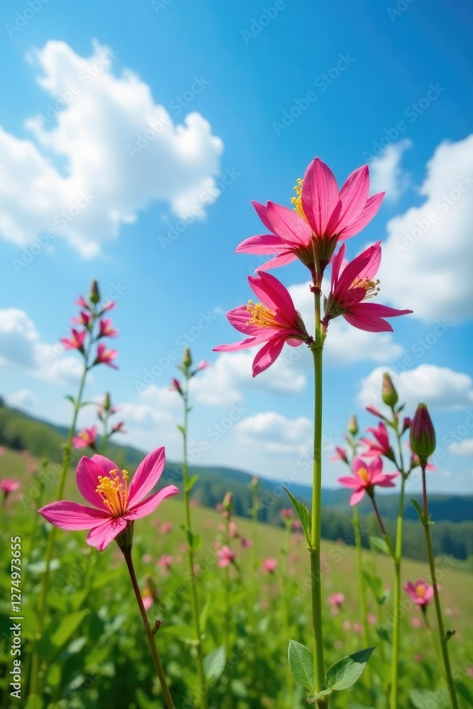 Wild columbine flowers against a bright blue sky with clouds, wildflower, natural Wild columbine flowers against a bright blue sky with clouds, wildflower, natural