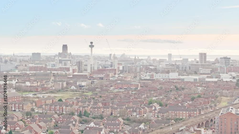 Aerial establishing shot of the Liverpool skyline and residential communities Aerial establishing shot of the Liverpool skyline and residential communities
