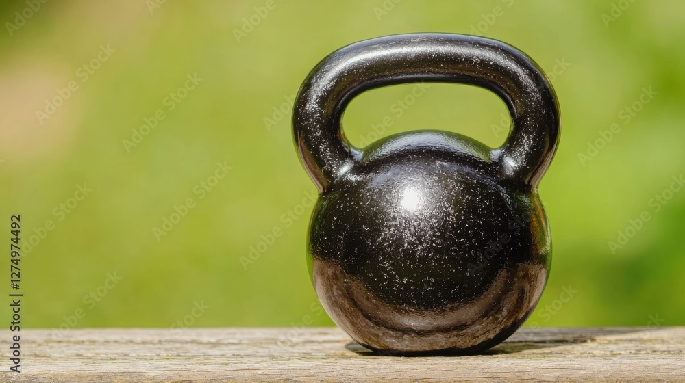 Fototapeta premium Strength training with kettlebell workout outdoor park fitness equipment natural green environment low angle view health and wellness concept