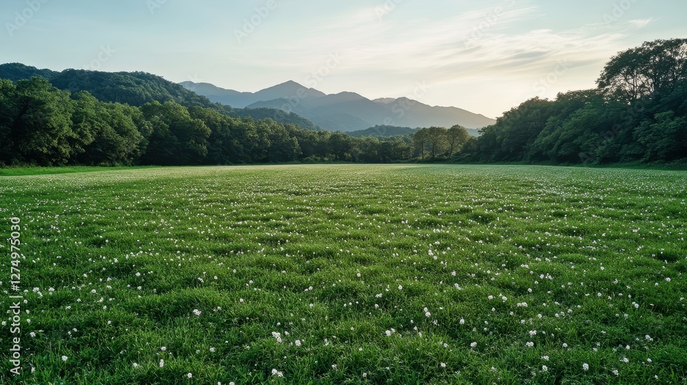 Expansive Green Meadow Surrounded by Majestic Mountains Under a Clear Blue Sky Expansive Green Meadow Surrounded by Majestic Mountains Under a Clear Blue Sky