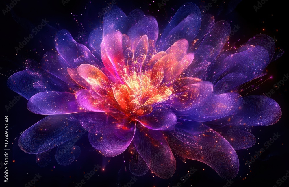 Abstract representation of a vibrant floral design with luminous petals and glowing cores in a rich cosmic background blending purple, pink, and orange hues Abstract representation of a vibrant floral design with luminous petals and glowing cores in a rich cosmic background blending purple, pink, and orange hues