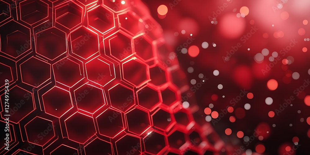 Abstract glowing red honeycomb design featuring futuristic geometric patterns and luminous elements, emphasizing depth, digital texture, and creative symmetry in a vibrant aesthetic

