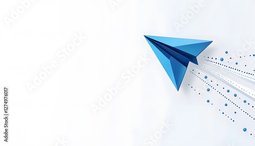 Blue paper airplane soars against a white background
