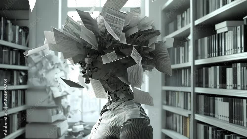 Robot reading book, papers flying, library, knowledge explosion