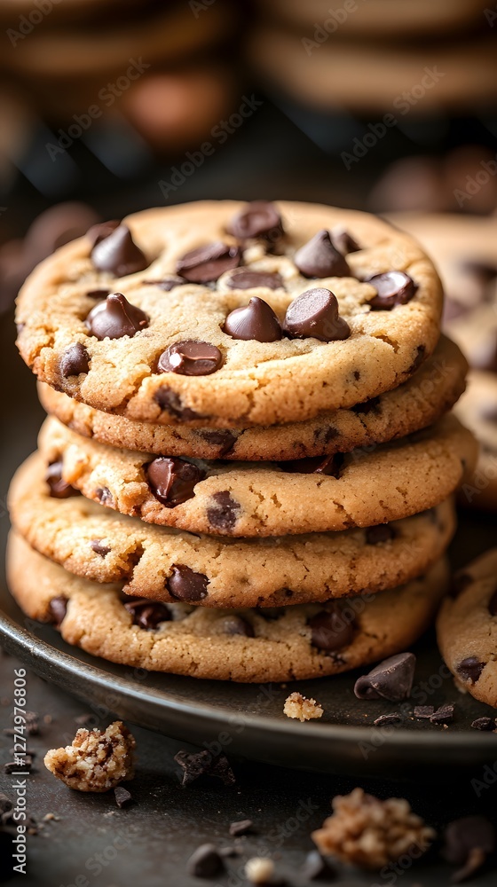 Close-up of a stack of delicious chocolate chip cookies on a dark plate. Close-up of a stack of delicious chocolate chip cookies on a dark plate.