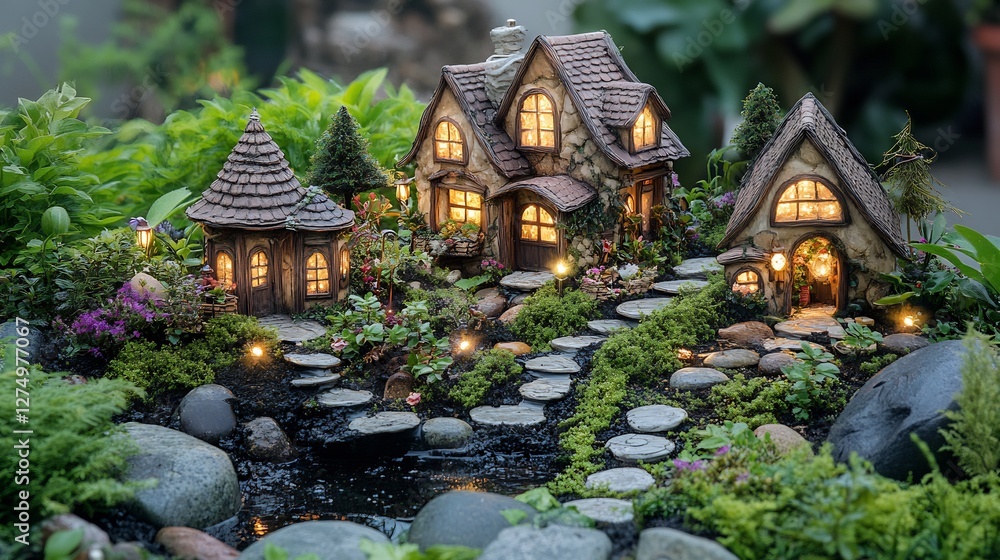 Obraz premium magical fairy garden with tiny houses and glowing lights