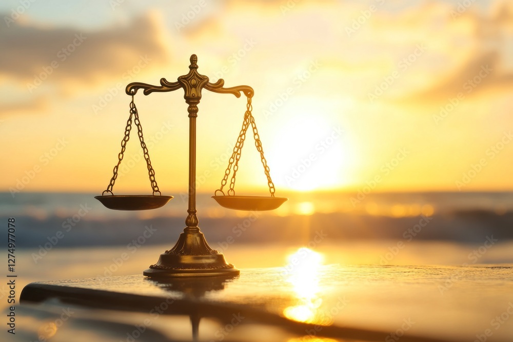 Golden scales of justice at sunset beach