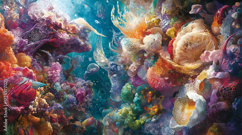 Fototapeta Naklejka Na Ścianę i Meble -  Vibrant underwater coral reef scene, teeming with diverse colorful corals and fish, showcasing intricate textures and lively marine life.