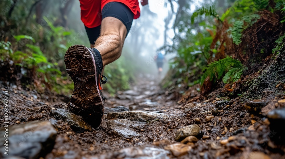 A close-up of a runner's foot hitting a muddy trail, surrounded by lush greenery and fog, capturing the essence of trail running in nature. A close-up of a runner's foot hitting a muddy trail, surrounded by lush greenery and fog, capturing the essence of trail running in nature.