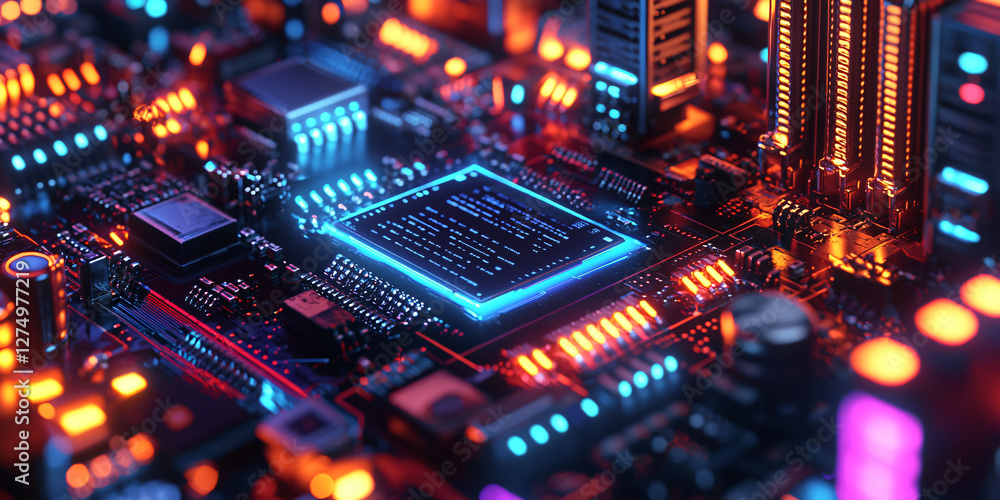 futuristic electronic device powered by a silicon semiconductor, glowing with digital precision as it processes complex data. futuristic electronic device powered by a silicon semiconductor, glowing with digital precision as it processes complex data.