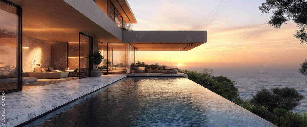 Fototapeta premium Sunset View Modern House With Infinity Pool