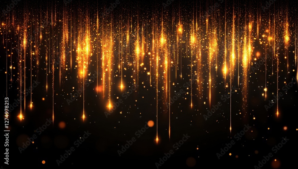 Naklejka premium Captivating Golden Particle Stream on Black Background with Twinkling Lights and Shimmering Effects for Festive and Celebration Themes