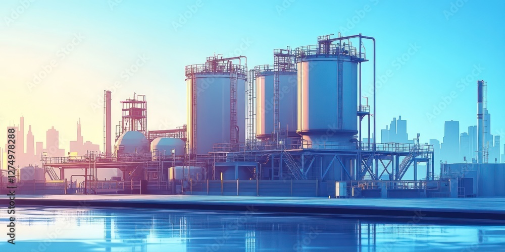 Industrial Sunset: Cityscape Refinery Panorama Industrial Sunset: Cityscape Refinery Panorama