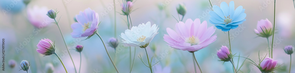 Delicate pastel cosmos flowers blooming in a meadow Delicate pastel cosmos flowers blooming in a meadow