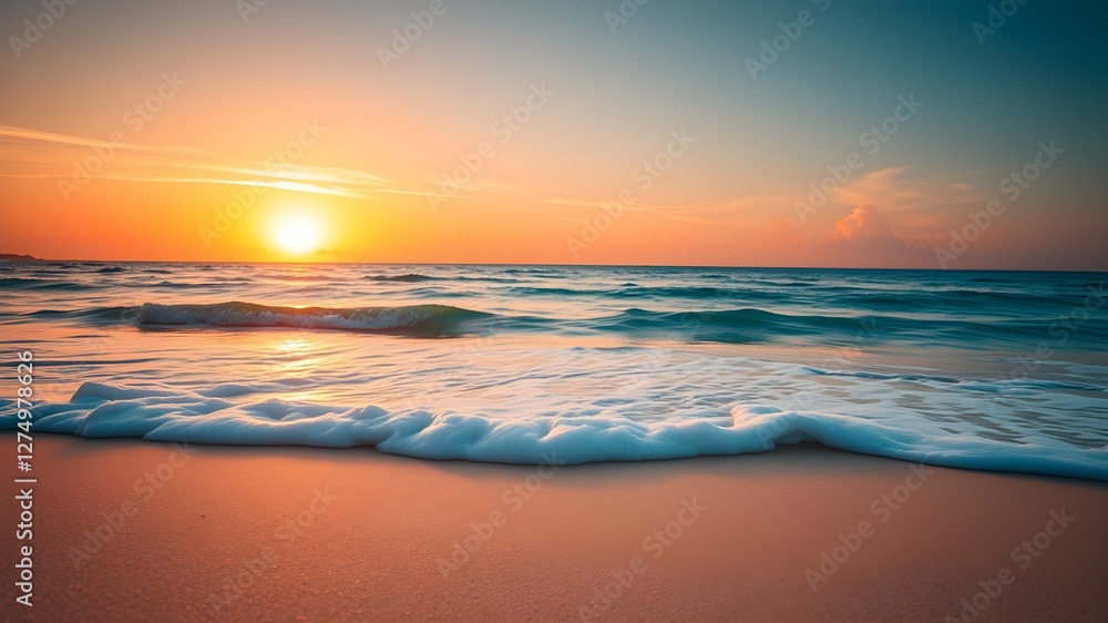 Fototapeta premium Closeup sea sand beach. Panoramic beach landscape. Inspire tropical beach seascape horizon. Orange and golden sunset sky calmness tranquil relaxing sunlight summer mood. Vacation travel holiday banner