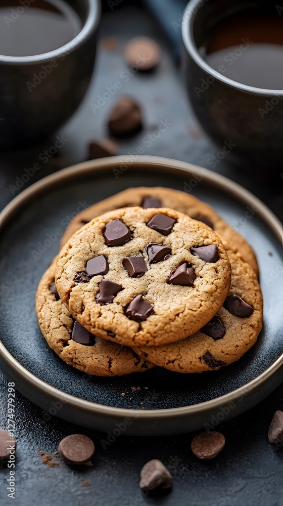 Delicious chocolate chip cookies served with coffee on a rustic table. Delicious chocolate chip cookies served with coffee on a rustic table.